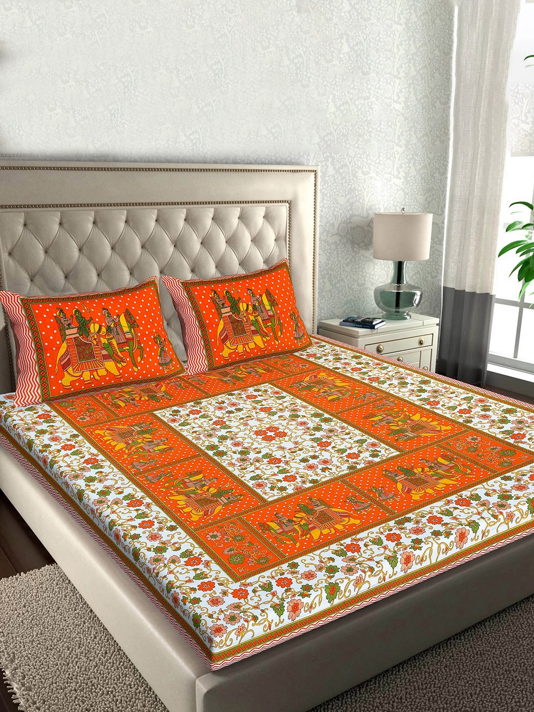 Rajasthanikart Orange & White Ethnic Motifs Cotton 110 TC Queen Bedsheet & 2 Pillow Covers
Rajasthanikart Orange & White Ethnic Motifs Cotton 110 TC Queen Bedsheet & 2 Pillow Covers