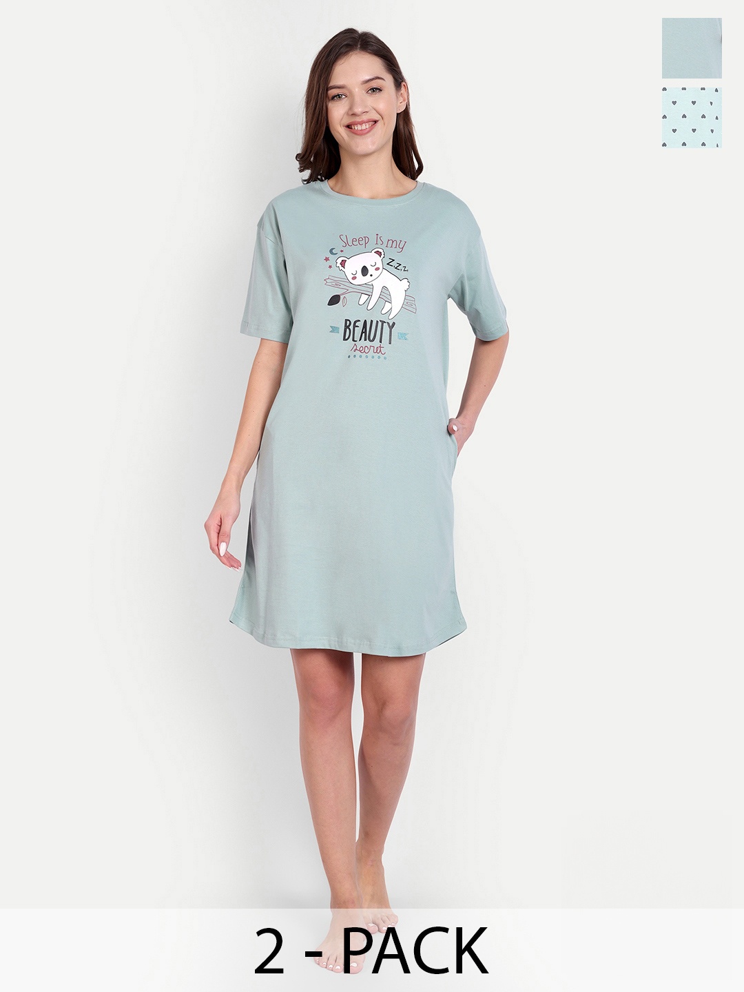 Bedtime story Pack Of 2 Typography Printed Pure Cotton T-shirt Nightdress, Green
Bedtime story Pack Of 2 Typography Printed Pure Cotton T-shirt Nightdress, Green