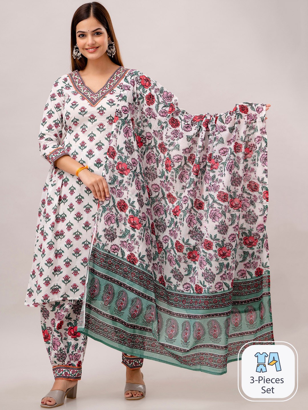 KALINI Floral Printed V-Neck Mirror Work Pure Cotton A-Line Kurta with Salwar & Dupatta, White
KALINI Floral Printed V-Neck Mirror Work Pure Cotton A-Line Kurta with Salwar & Dupatta, White