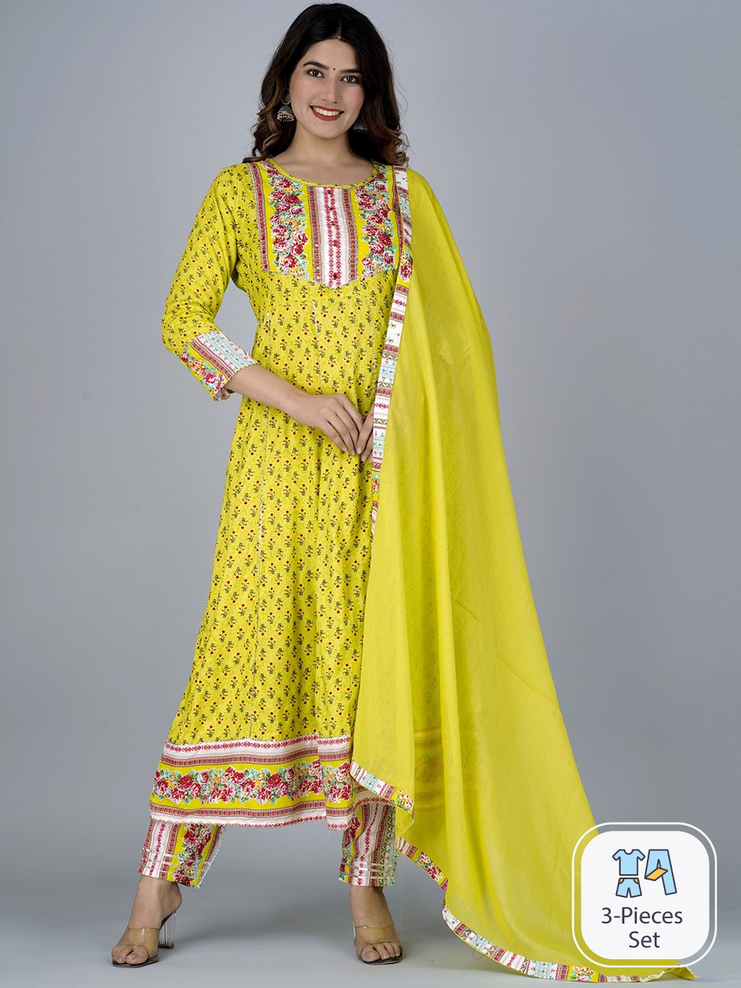 KALINI Floral Printed Round Neck Gotta Patti Anarkali Kurta with Trousers & Dupatta, Mustard
KALINI Floral Printed Round Neck Gotta Patti Anarkali Kurta with Trousers & Dupatta, Mustard