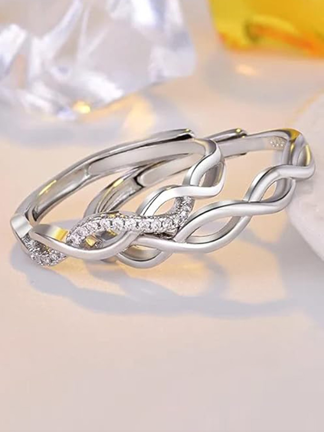 VIEN Set Of 2 Silver-plated Cubic Zirconia Studded Stainless Steel Adjustable Couple Rings
VIEN Set Of 2 Silver-plated Cubic Zirconia Studded Stainless Steel Adjustable Couple Rings