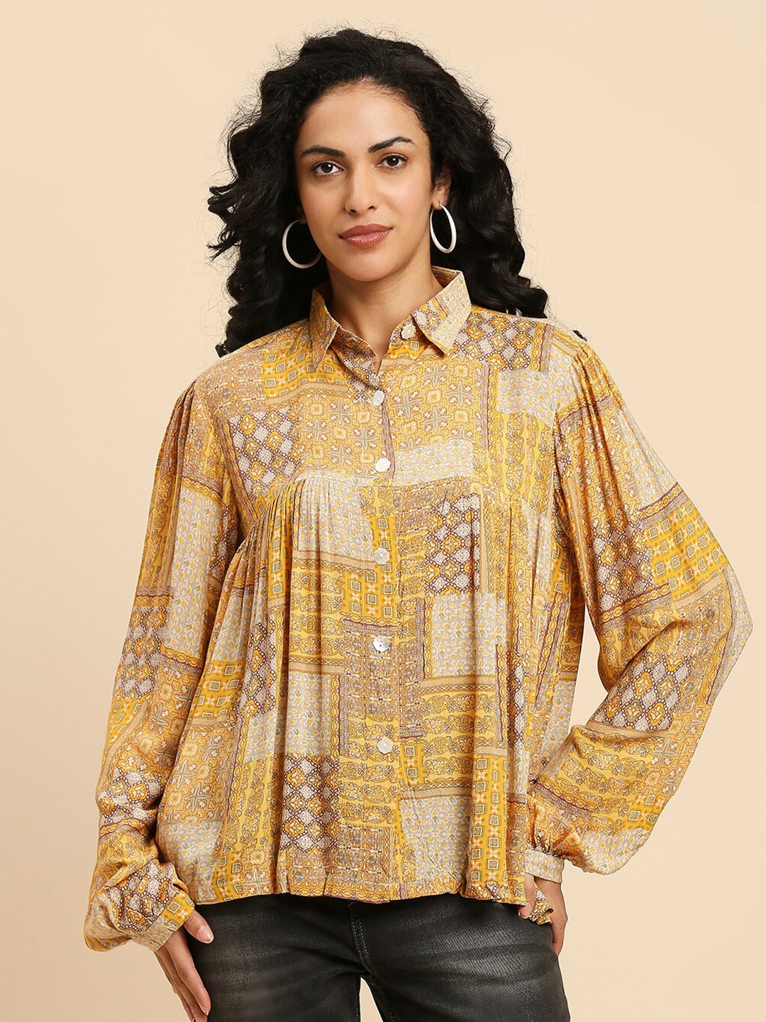 GUFRINA Ethnic Motif Printed Shirt Collar Gathered & Pleated Shirt Style Top, Yellow
GUFRINA Ethnic Motif Printed Shirt Collar Gathered & Pleated Shirt Style Top, Yellow