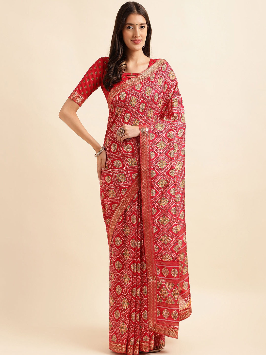 Mitera Ethnic Motifs Printed Pure Silk Saree, Pink