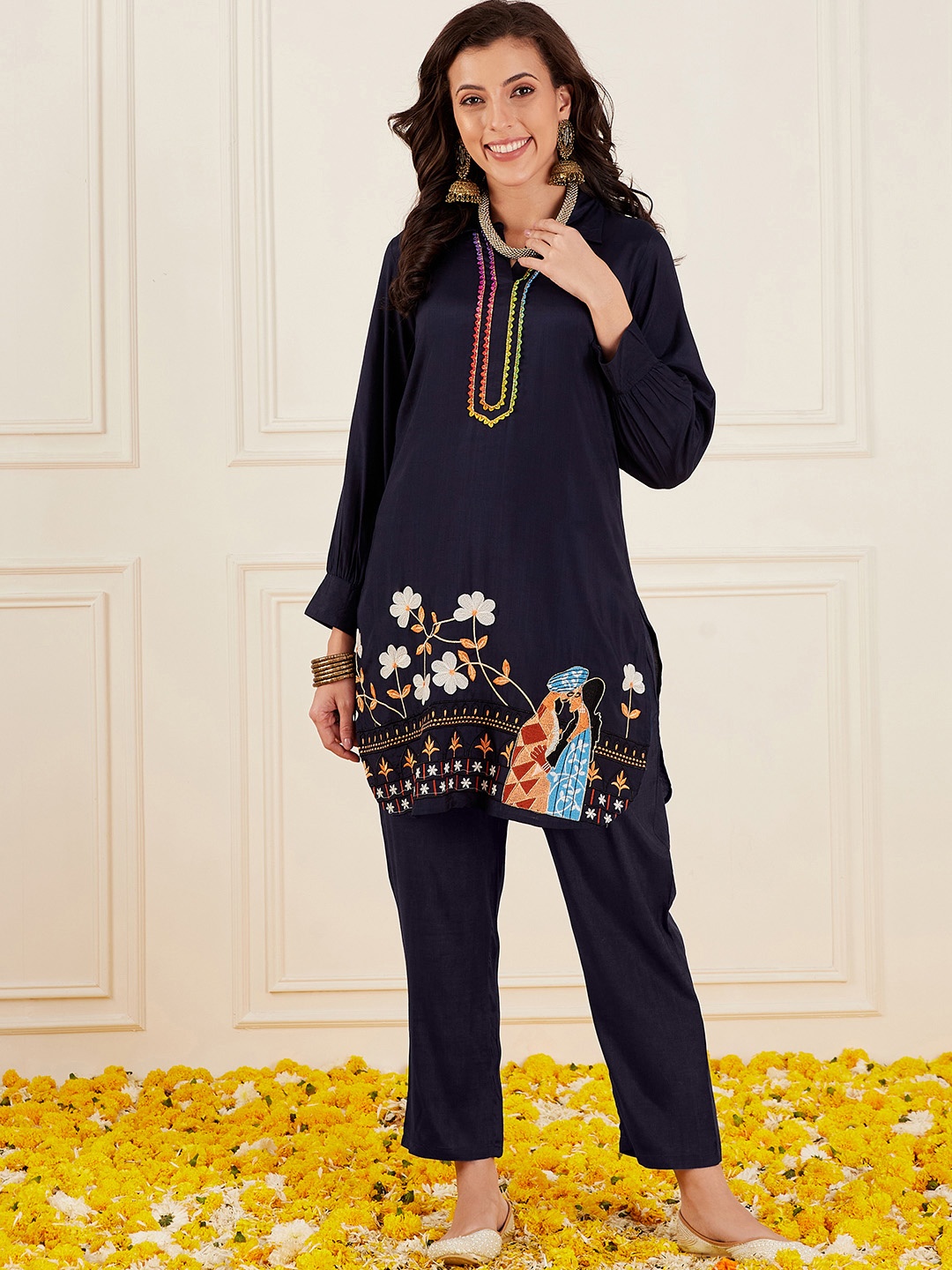 Ishin Embroidered Pathani Kurta With Trousers, Blue