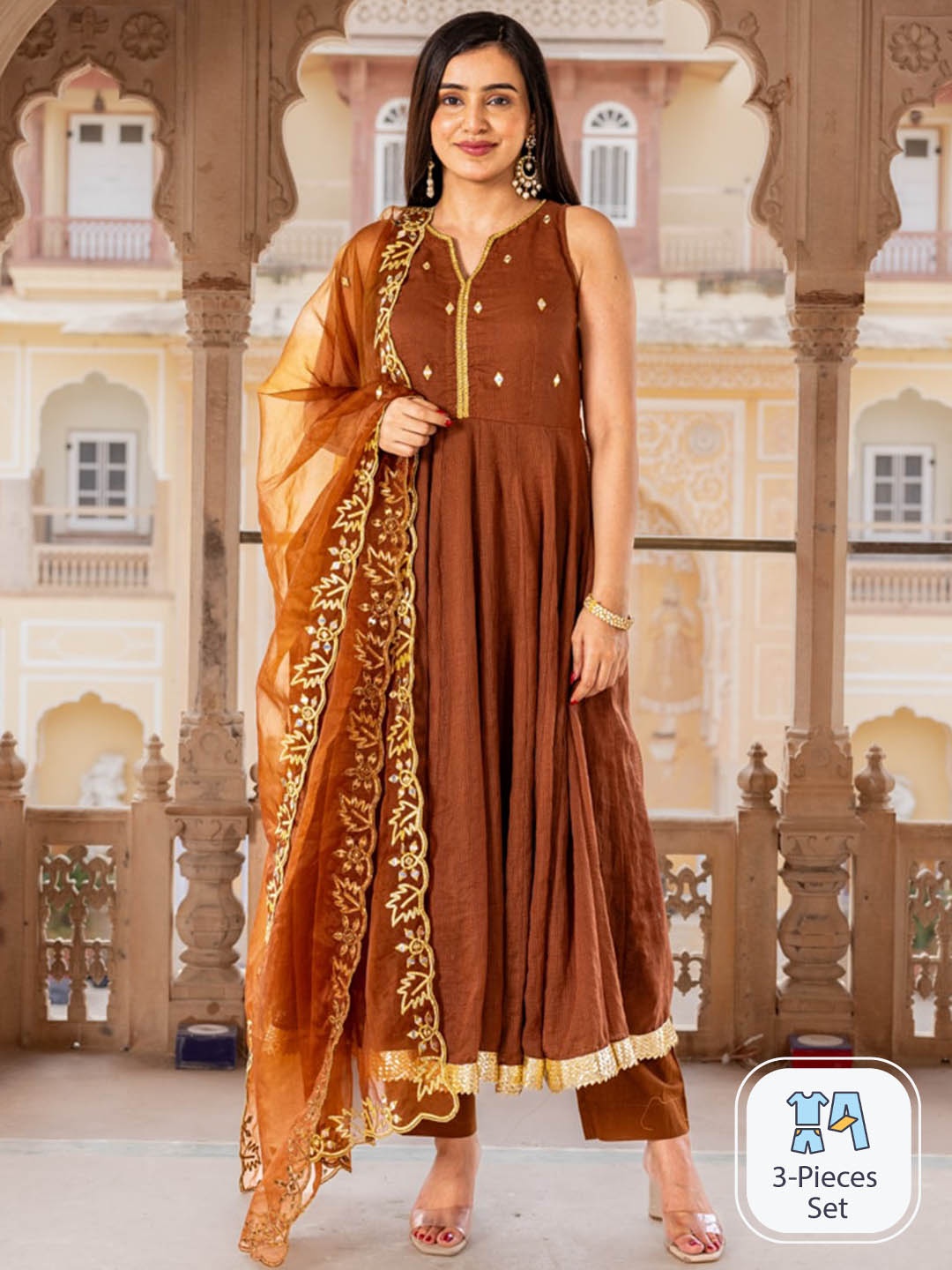 Ambraee Ethnic Motifs Embroidered Gotta Patti Anarkali Kurta with Trousers & Dupatta, Brown
Ambraee Ethnic Motifs Embroidered Gotta Patti Anarkali Kurta with Trousers & Dupatta, Brown