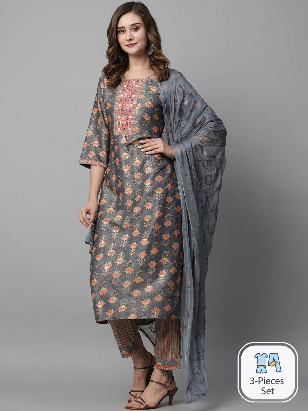 Kiana Floral Printed Regular Thread Work Kurta With Trousers & Dupatta, Grey