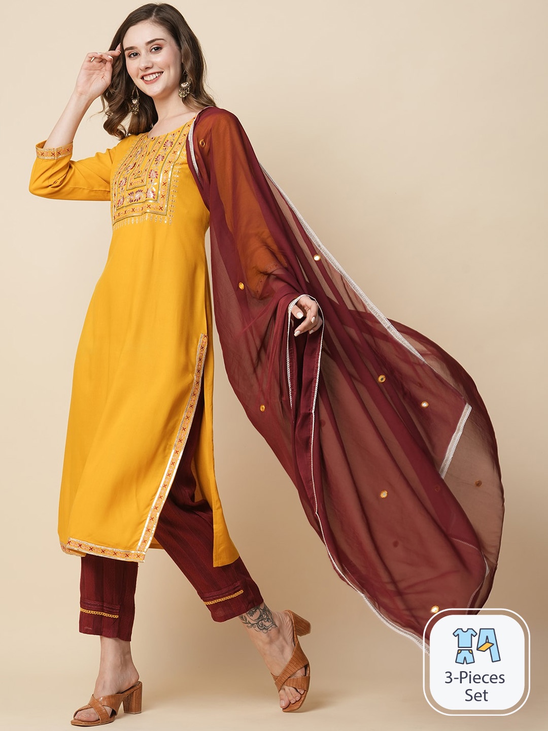 Kiana Ethnic Motifs Yoke Design Regular Pure Cotton Kurta with Trousers & With, Yellow
Kiana Ethnic Motifs Yoke Design Regular Pure Cotton Kurta with Trousers & With, Yellow