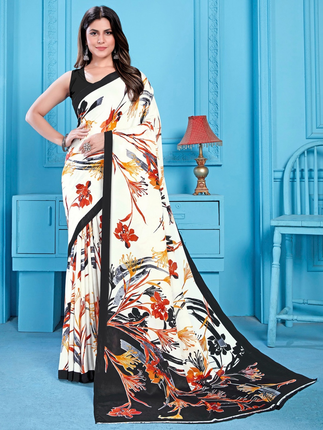GAJARAI Floral Printed Saree, White