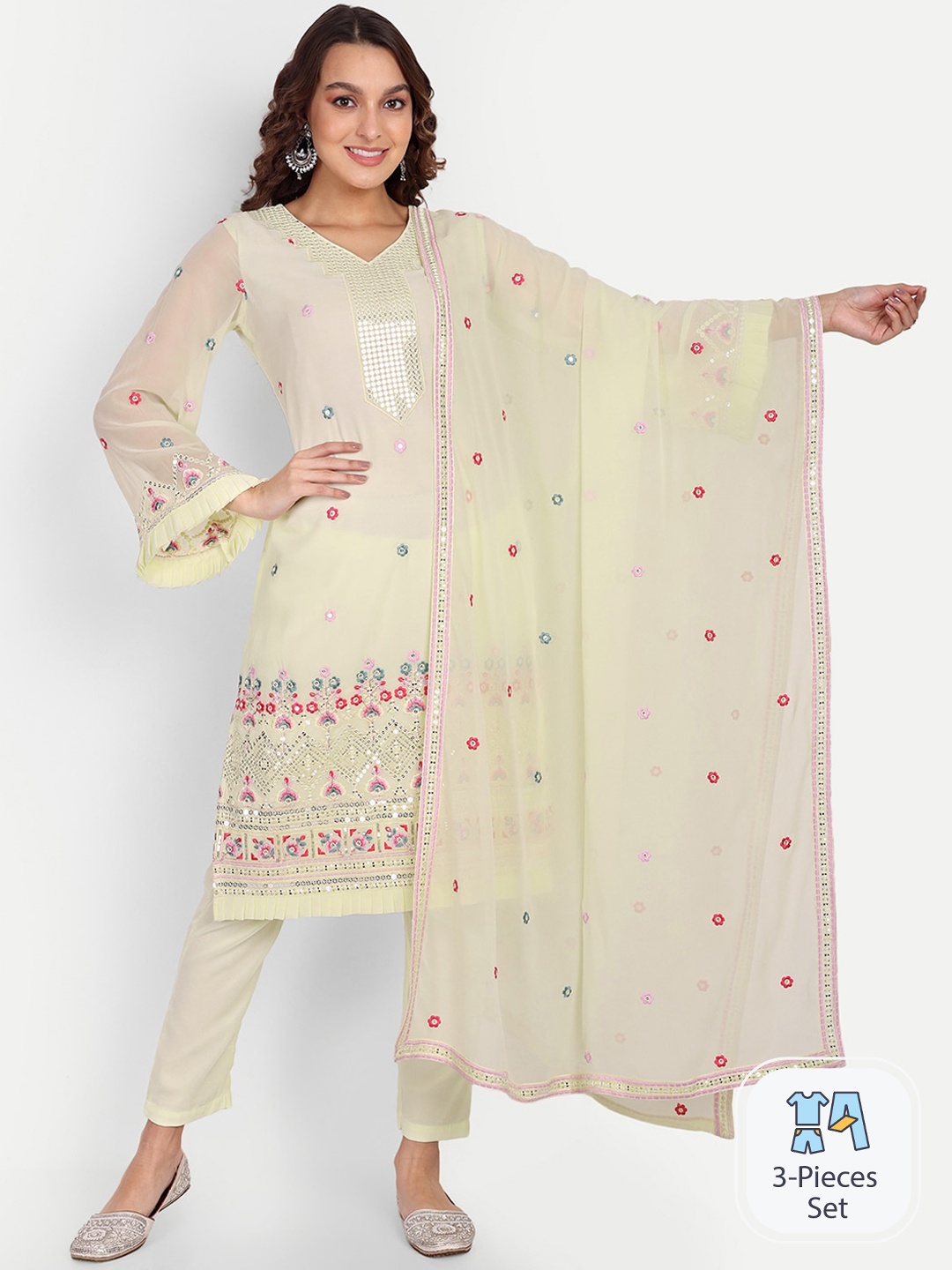 Growish Floral Embroidered V-Neck Mirror Work Straight Kurta & Trouser With Dupatta, Off white
Growish Floral Embroidered V-Neck Mirror Work Straight Kurta & Trouser With Dupatta, Off white