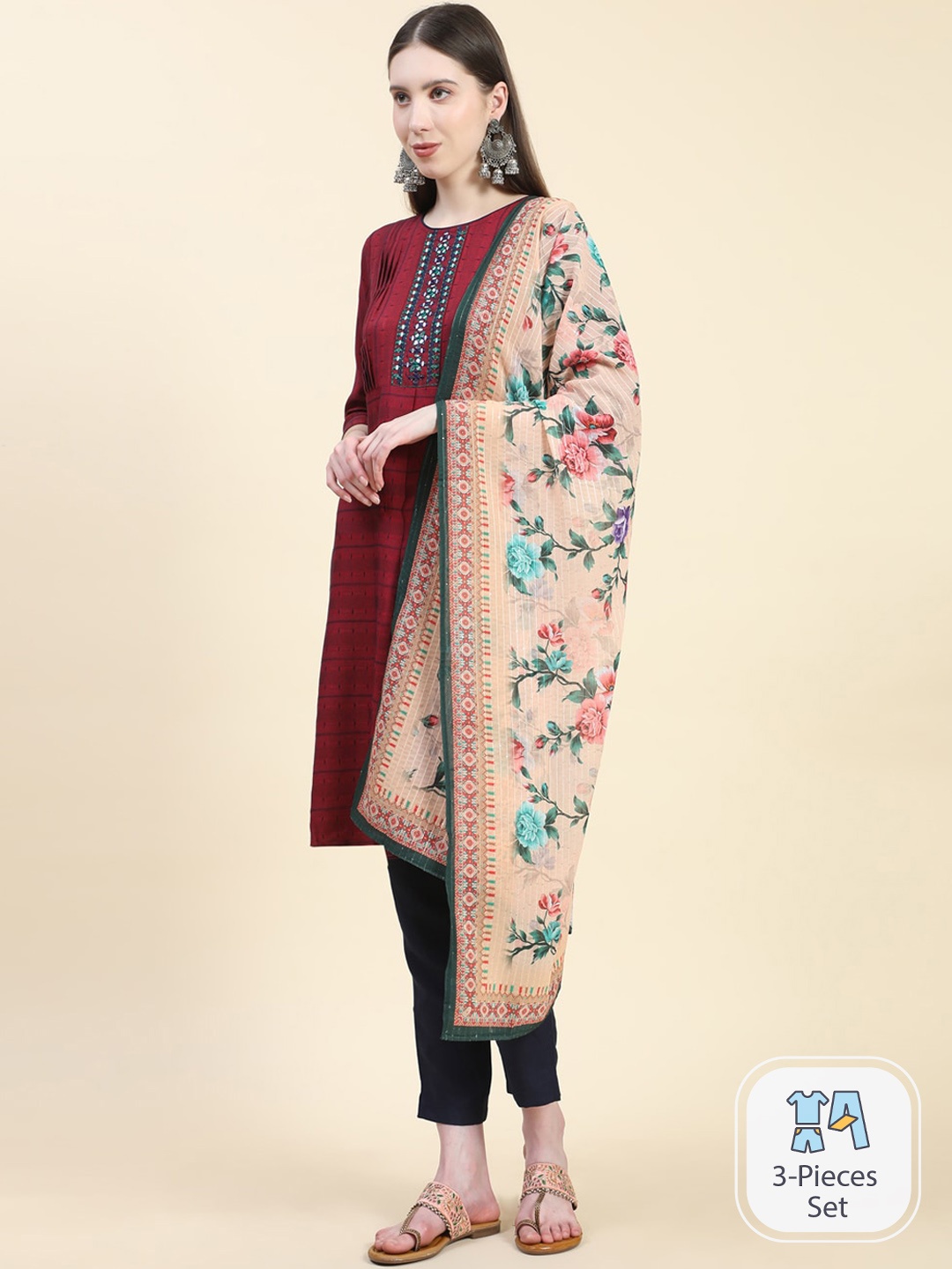 Growish Abstract Woven Design Mirror Work Kurta with Trousers & Dupatta, Maroon
Growish Abstract Woven Design Mirror Work Kurta with Trousers & Dupatta, Maroon