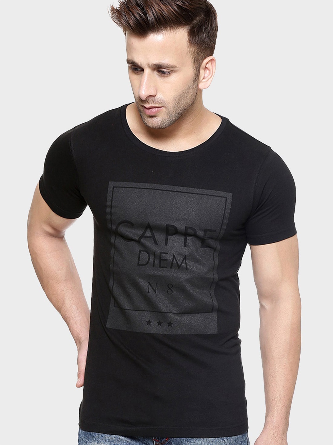 GESPO Typography Printed Cotton T-shirt, Black