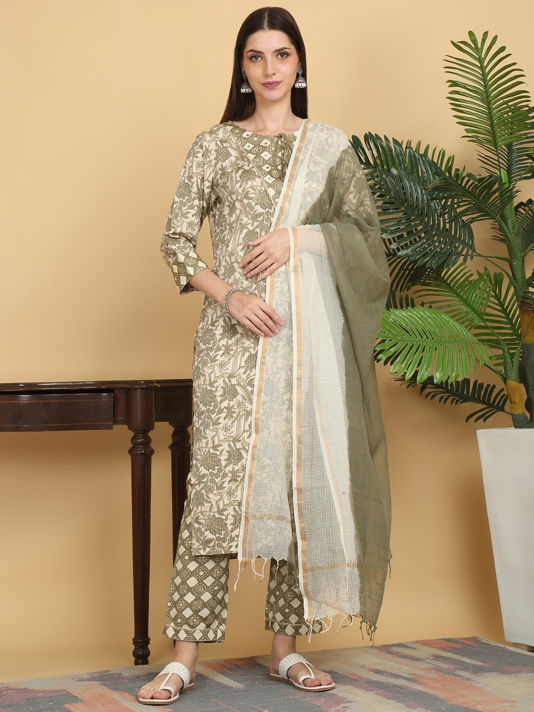 KALINI Ethnic Motifs Printed Neck Mirror Work Pure Cotton Kurta with Trousers & Dupatta, Olive
KALINI Ethnic Motifs Printed Neck Mirror Work Pure Cotton Kurta with Trousers & Dupatta, Olive
