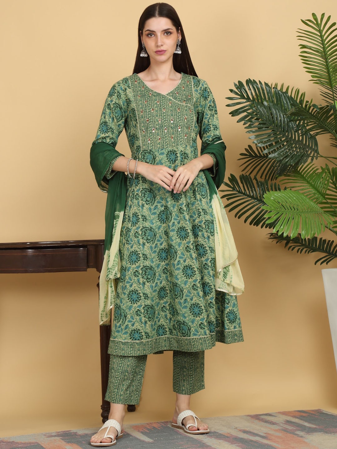 KALINI Floral Printed V-Neck Gotta Patti Pure Cotton A-Line Kurta with Trousers & Dupatta, Green
KALINI Floral Printed V-Neck Gotta Patti Pure Cotton A-Line Kurta with Trousers & Dupatta, Green