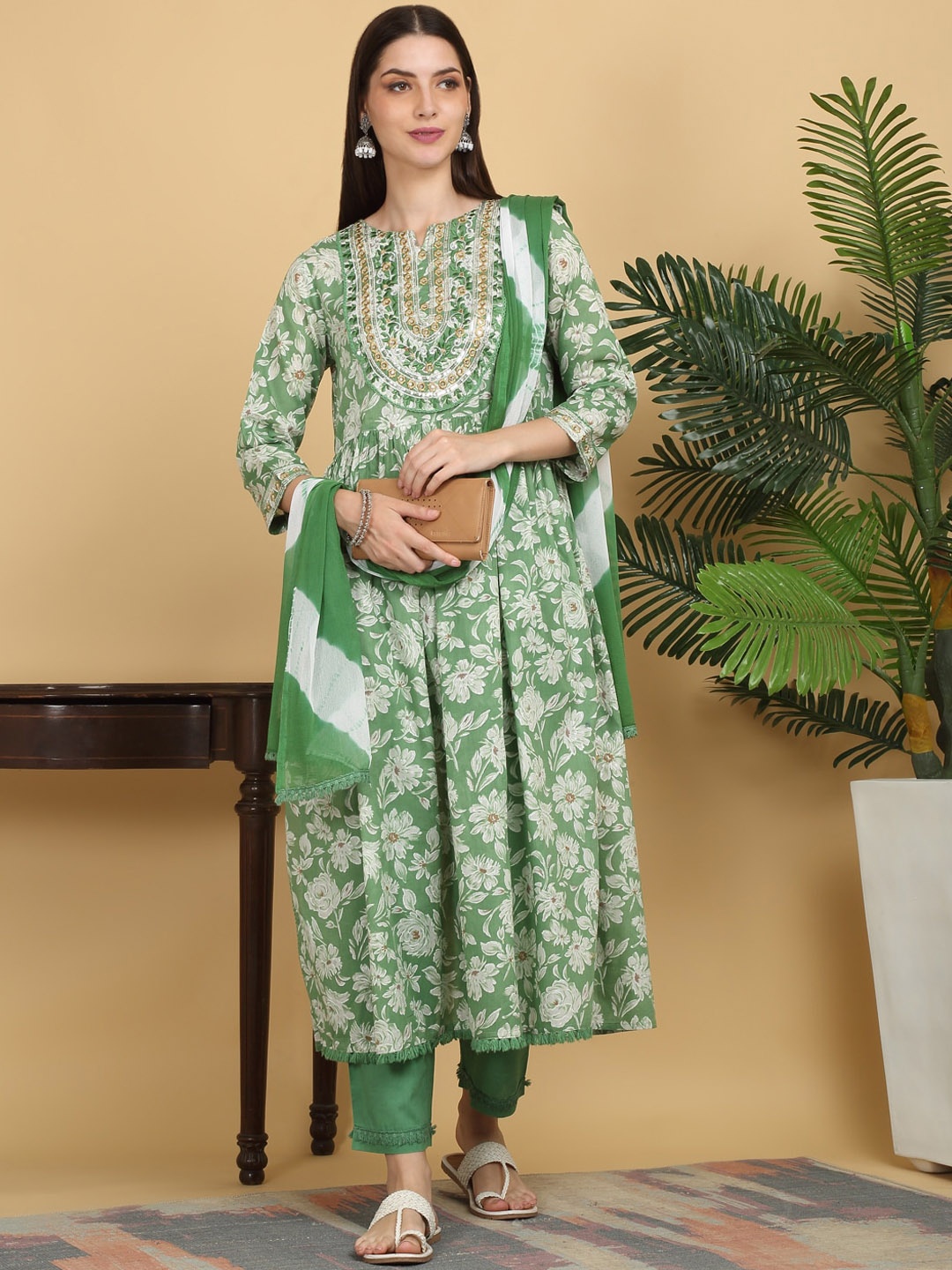 KALINI Floral Printed Thread Work Pure Cotton Anarkali Kurta with Trousers & Dupatta, Green
KALINI Floral Printed Thread Work Pure Cotton Anarkali Kurta with Trousers & Dupatta, Green