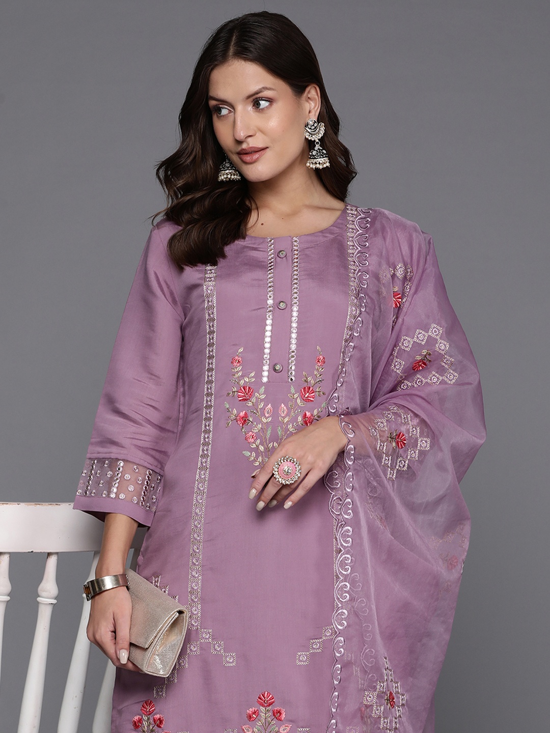 Indo Era Women Floral Embroidered Regular Mirror Work Kurta with Trousers & Dupatta, Lavender
Indo Era Women Floral Embroidered Regular Mirror Work Kurta with Trousers & Dupatta, Lavender