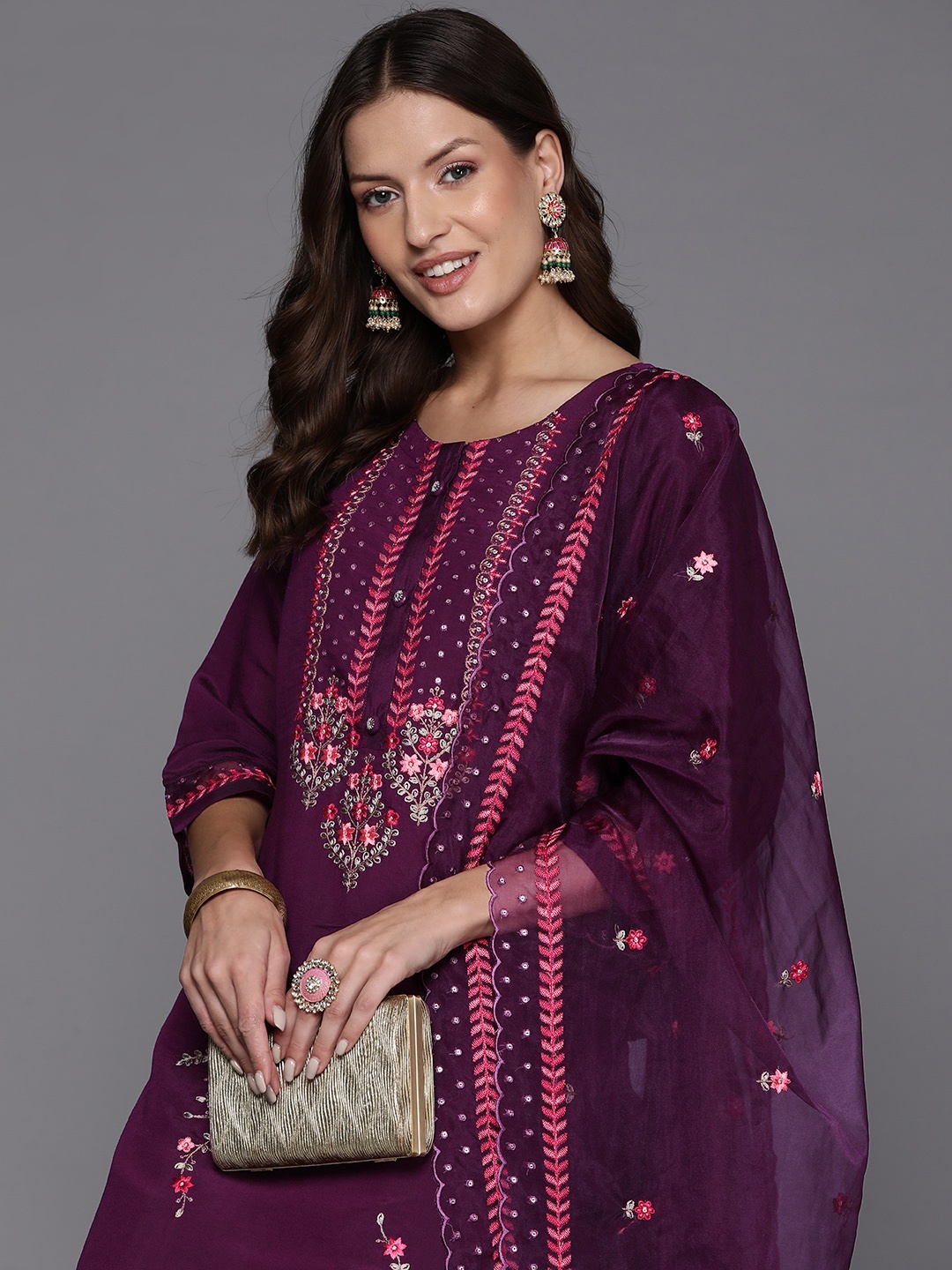 Indo Era Women Floral Yoke Design Regular Sequinned Kurta with Trousers & Dupatta, Purple
Indo Era Women Floral Yoke Design Regular Sequinned Kurta with Trousers & Dupatta, Purple