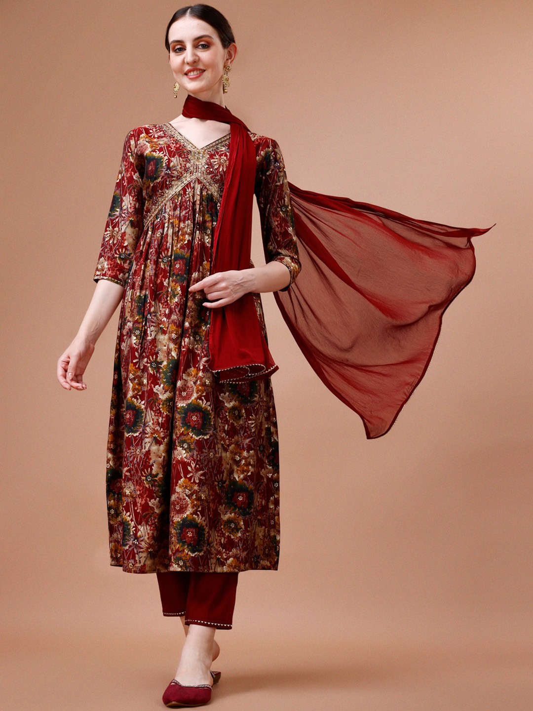 KALINI Floral Embroidered Gotta Patti Chanderi Cotton Kurta & Trousers With Dupatta, Maroon
KALINI Floral Embroidered Gotta Patti Chanderi Cotton Kurta & Trousers With Dupatta, Maroon