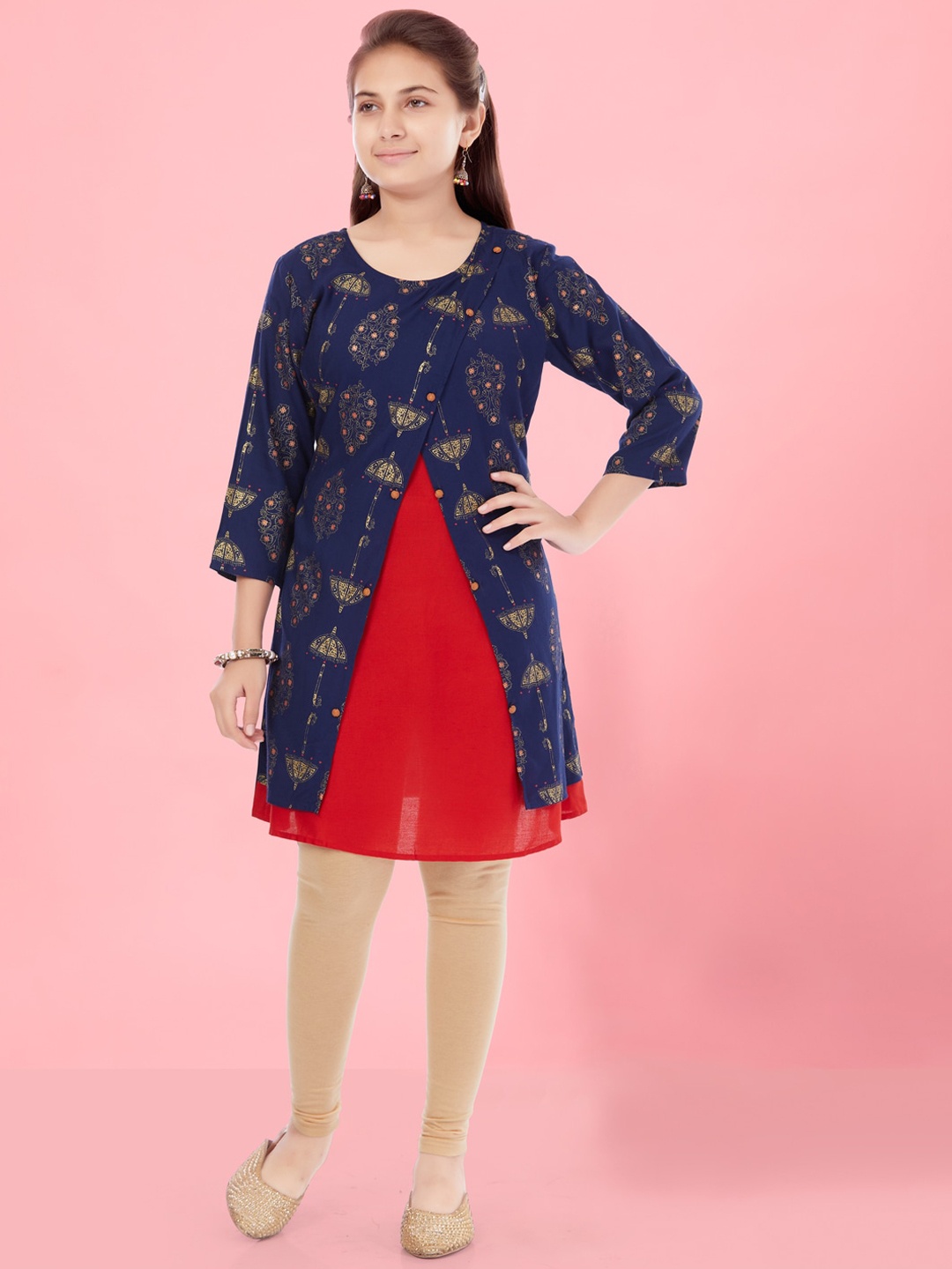 Aarika Girls Ethnic Motifs Printed Pure Cotton A-Line Kurta With Leggings, Navy blue
Aarika Girls Ethnic Motifs Printed Pure Cotton A-Line Kurta With Leggings, Navy blue