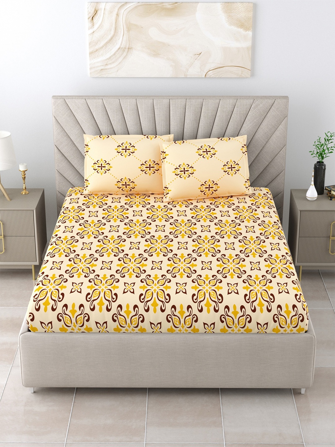 Salona Bichona Yellow Ethnic Motifs 104 TC Pure Cotton King Bedsheet with 2 Pillow Covers
Salona Bichona Yellow Ethnic Motifs 104 TC Pure Cotton King Bedsheet with 2 Pillow Covers