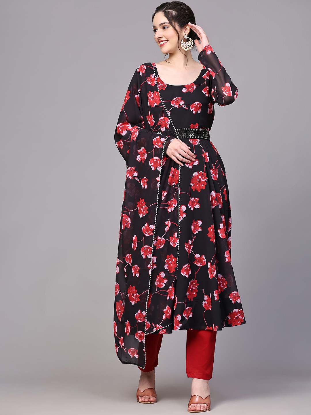 KALINI Floral Printed Gotta Patti Georgette Anarkali Kurta with Trousers & Dupatta, Black
KALINI Floral Printed Gotta Patti Georgette Anarkali Kurta with Trousers & Dupatta, Black
