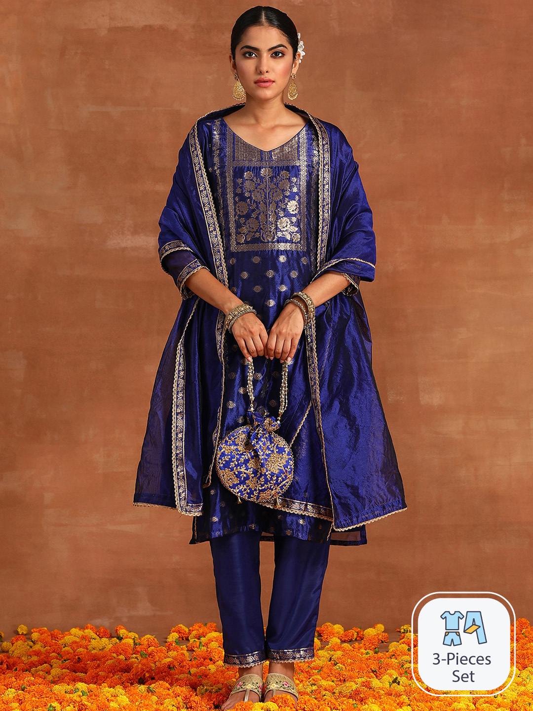 Indo Era Ethnic Motifs Woven Design V-Neck Zari Chanderi Silk Kurta & Trouser With Dupatta, Blue
Indo Era Ethnic Motifs Woven Design V-Neck Zari Chanderi Silk Kurta & Trouser With Dupatta, Blue
