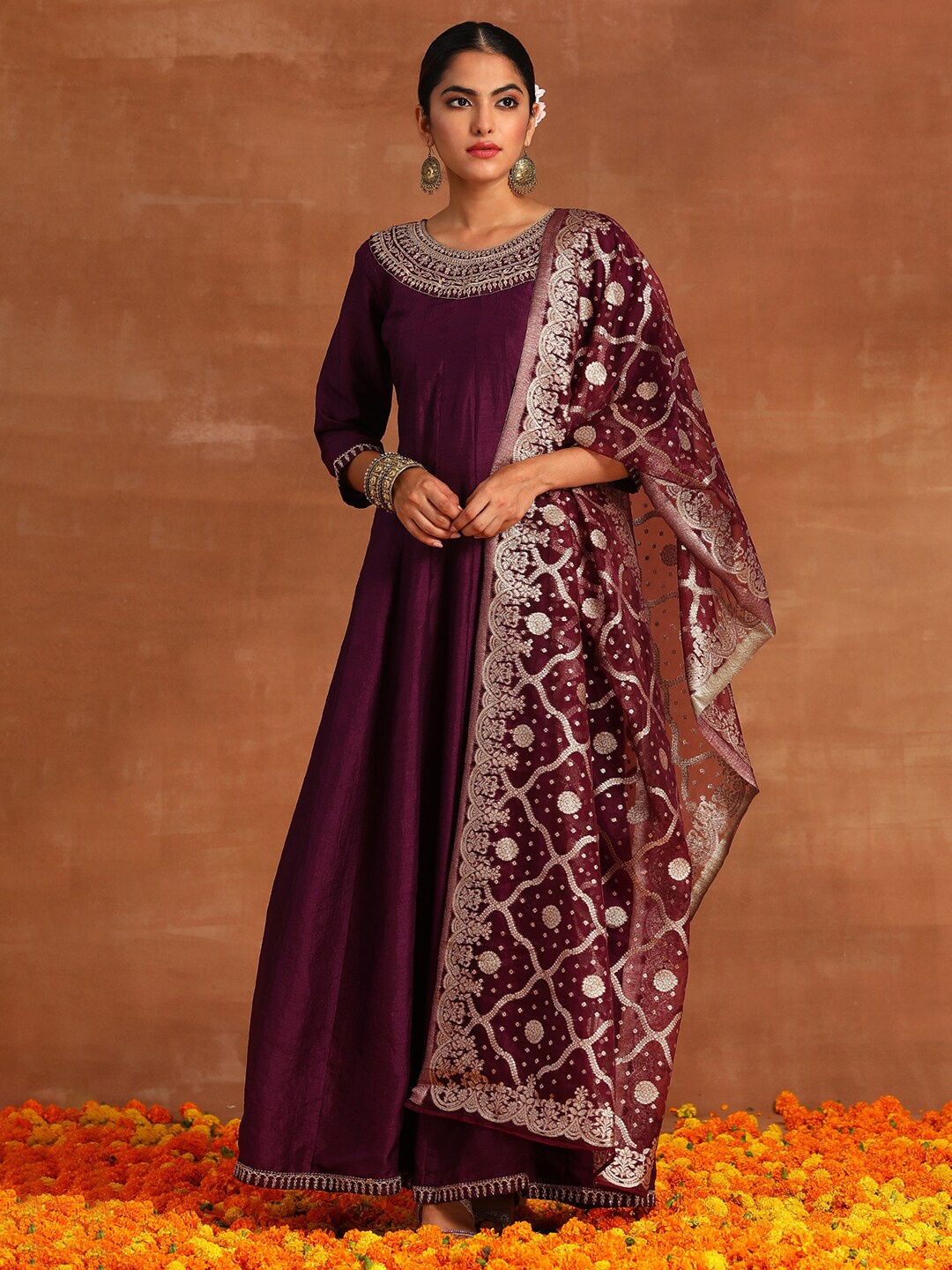 Indo Era Ethnic Motifs Embroidered Round Neck Sequined Maxi Ethnic Dress & Dupatta, Purple
Indo Era Ethnic Motifs Embroidered Round Neck Sequined Maxi Ethnic Dress & Dupatta, Purple