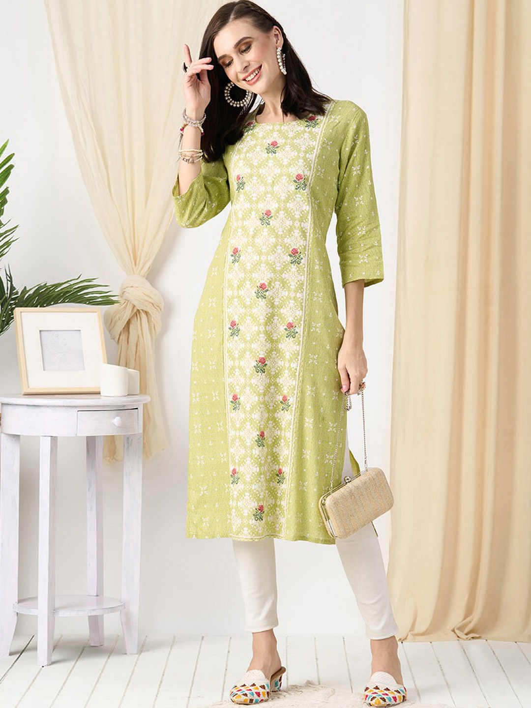 ZOLA Floral Printed Straight Kurta, Green