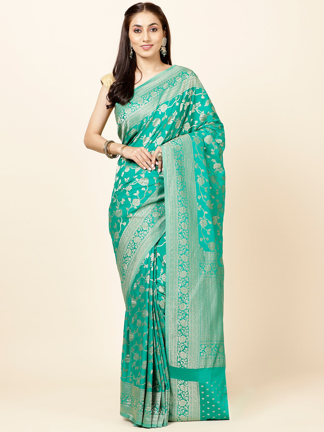 Meena Bazaar Floral Woven Design Zari Saree, Green 
Meena Bazaar Floral Woven Design Zari Saree, Green
