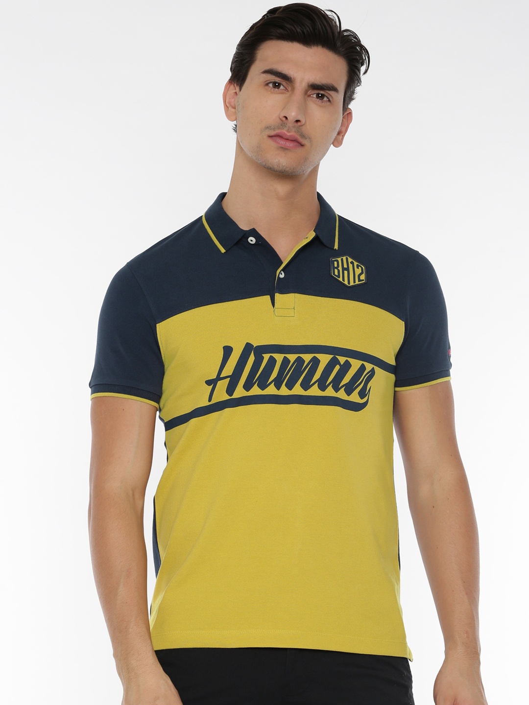 

Being Human Clothing Men Yellow Navy Printed Polo Collar Pure Cotton T-shirt