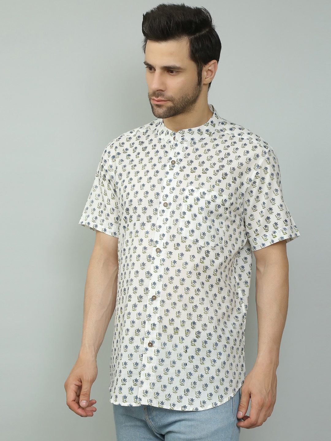 Spring Soul Comfort Floral Printed Band Collar Chest Pocket Cotton Casual Shirt, White
Spring Soul Comfort Floral Printed Band Collar Chest Pocket Cotton Casual Shirt, White