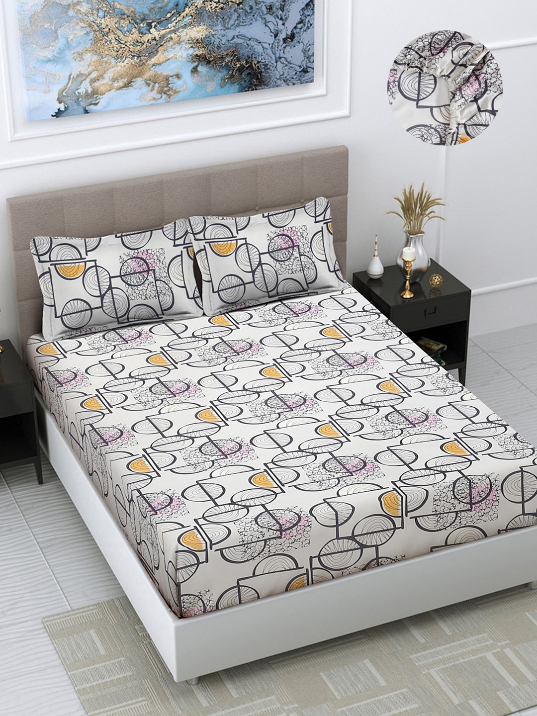 FABINALIV White & Black Geometric Print 300 TC Fitted King Bedsheet & 2 Pillow Covers
FABINALIV White & Black Geometric Print 300 TC Fitted King Bedsheet & 2 Pillow Covers