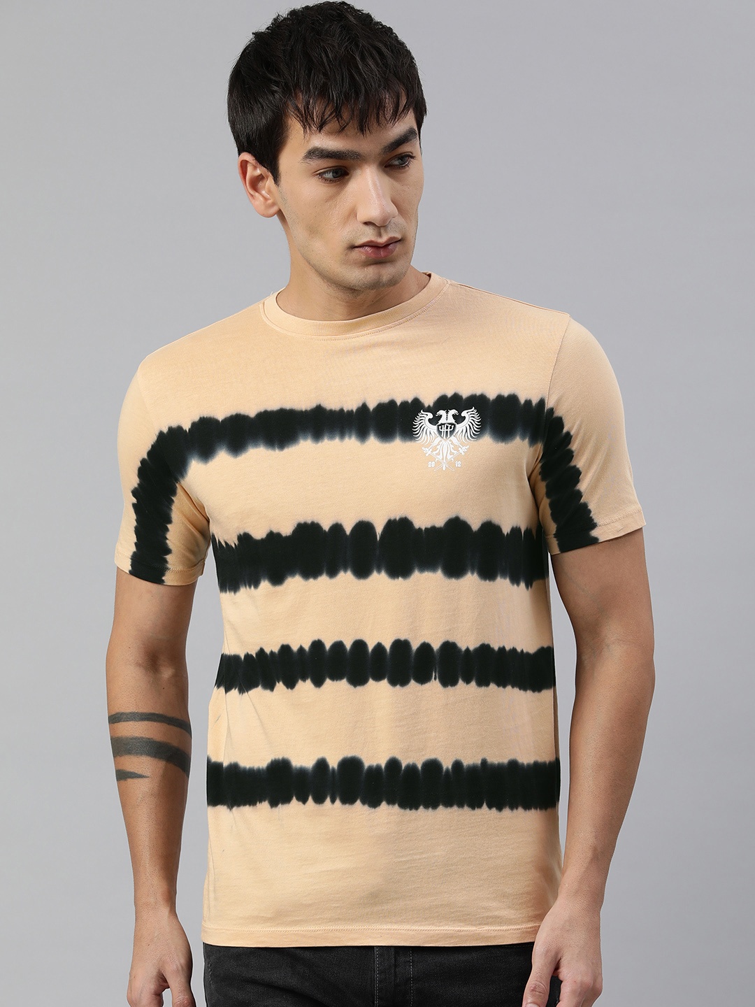Huetrap Men Tie & Dye Printed T-shirt, Beige