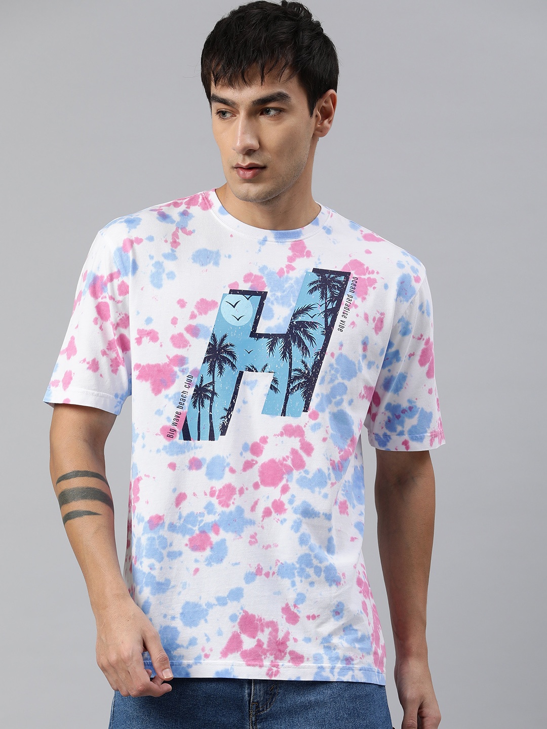 Huetrap Men Tie & Dye Printed T-shirt, White
