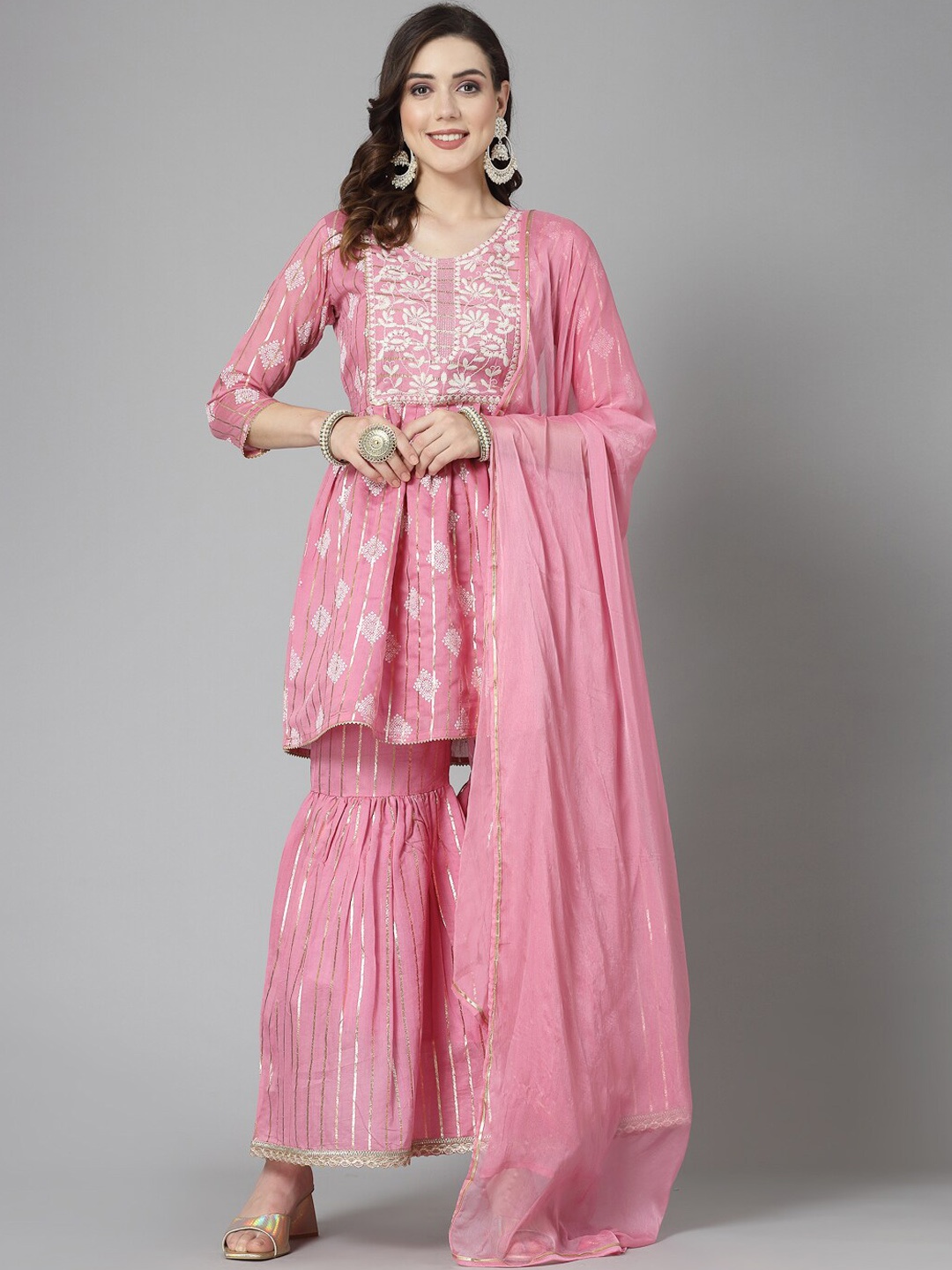 Stylum Women Ethnic Motifs Embroidered Empire Chanderi Cotton Kurta with Sharara & Dupatta, Pink
Stylum Women Ethnic Motifs Embroidered Empire Chanderi Cotton Kurta with Sharara & Dupatta, Pink