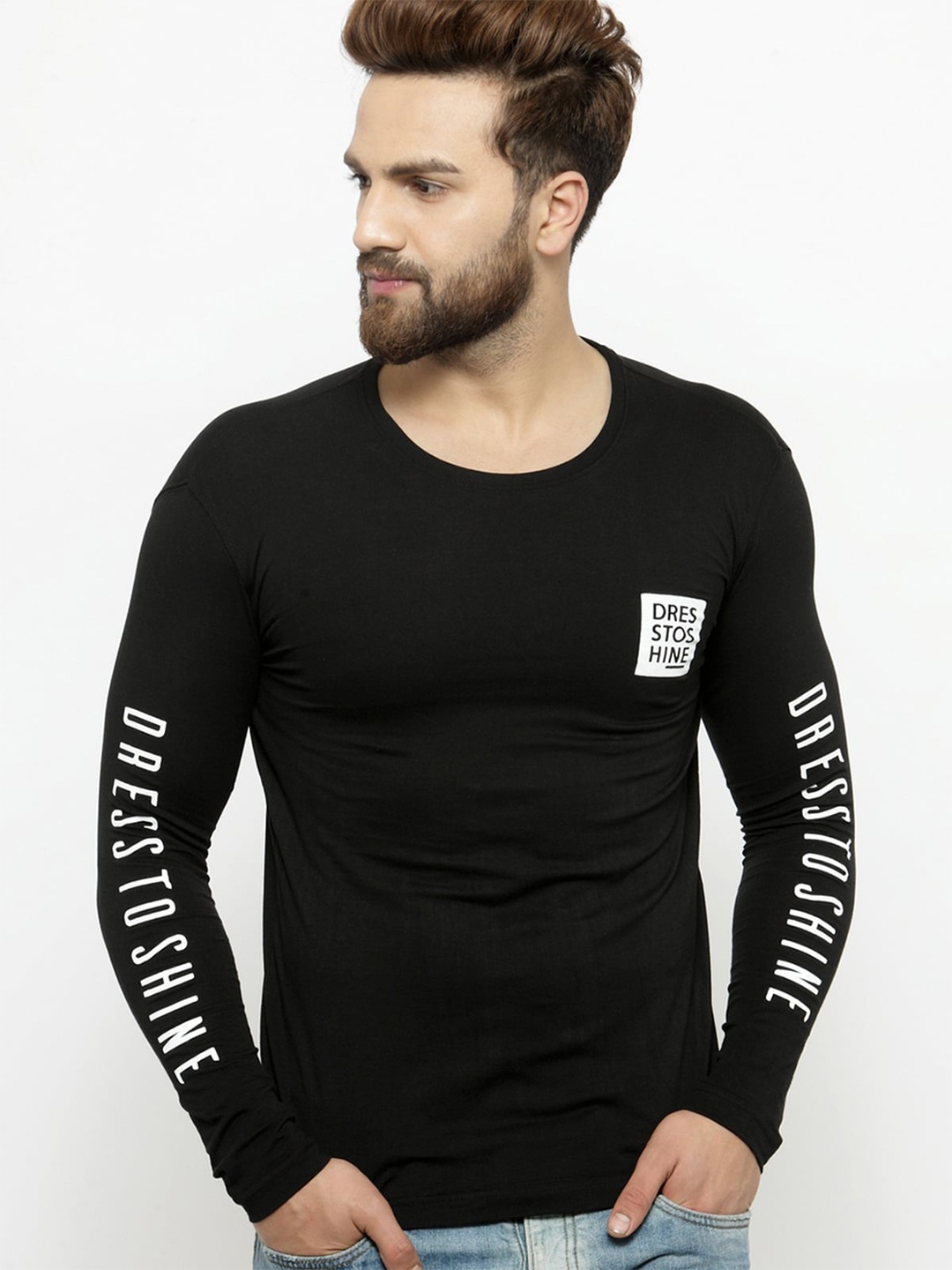 GESPO Typography Printed Cotton T-shirt, Black