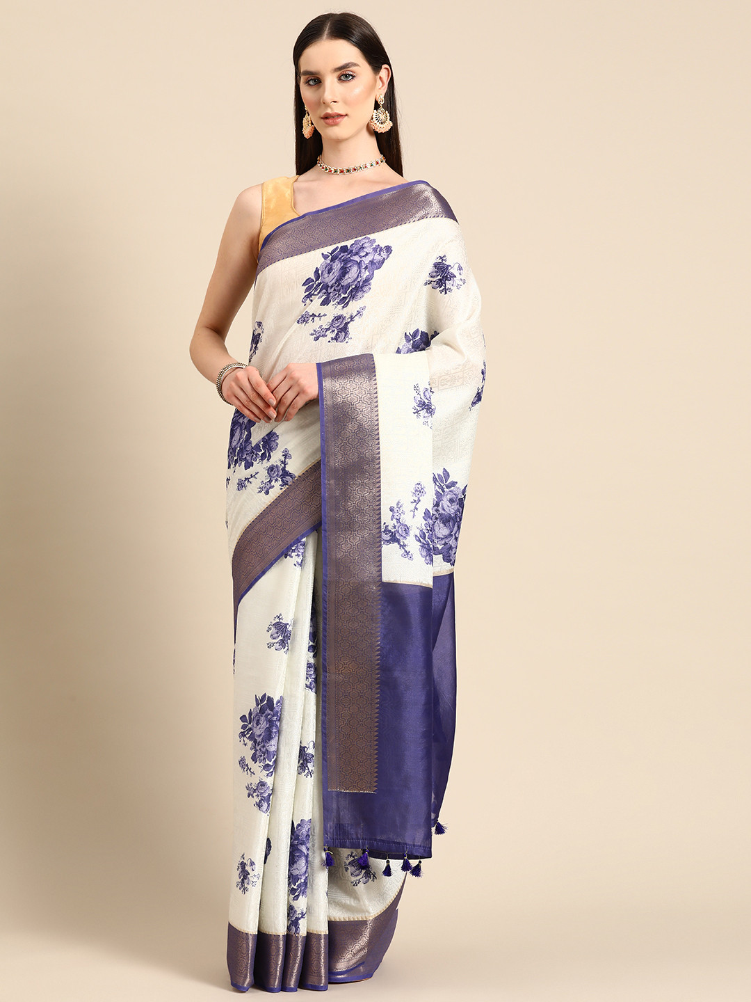 Simaaya Floral Printed Zari Saree, White
Simaaya Floral Printed Zari Saree, White