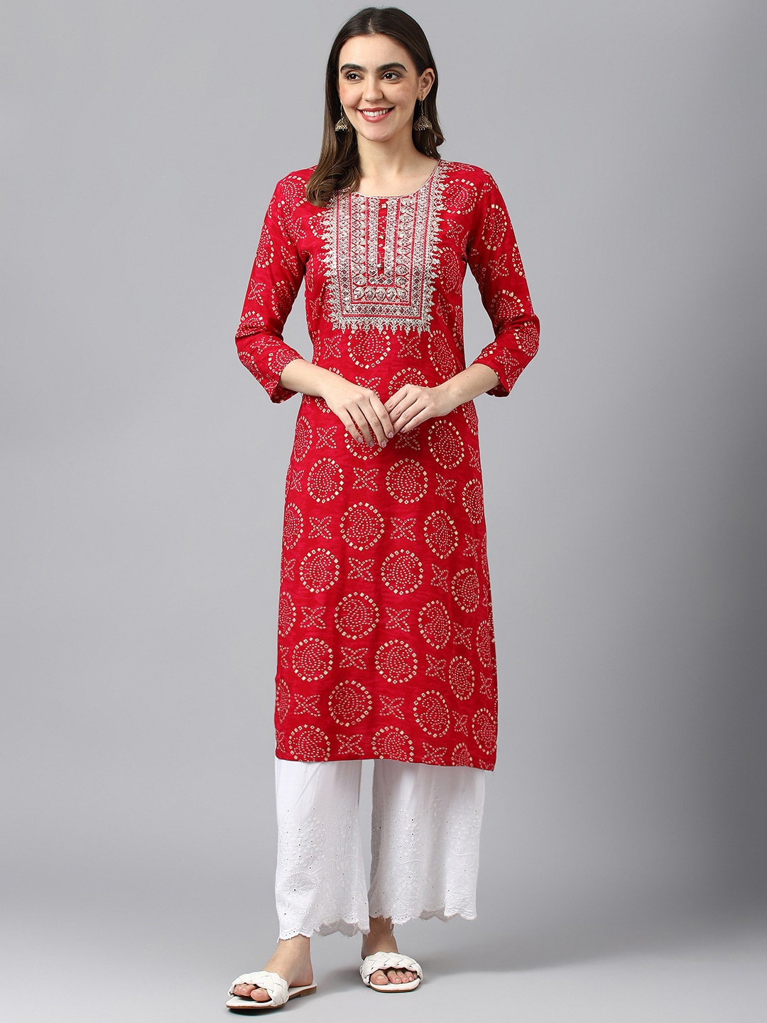 Sangria Bandhani Printed Sequinned Straight Kurtas, Pink
