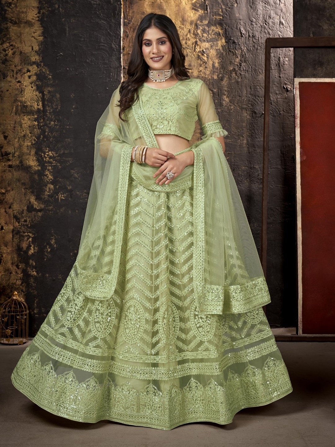 Panzora Floral Embroidered Sequined Semi-Stitched Lehenga & Blouse With Dupatta, Green
Panzora Floral Embroidered Sequined Semi-Stitched Lehenga & Blouse With Dupatta, Green