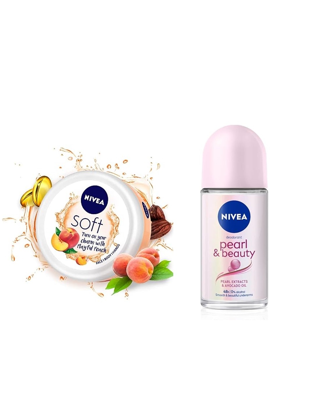 Nivea Care Combo - Playful Peach Cream Moisturiser 200ml & Pearl & Beauty Roll-On Deo 50ml, White
Nivea Care Combo - Playful Peach Cream Moisturiser 200ml & Pearl & Beauty Roll-On Deo 50ml, White