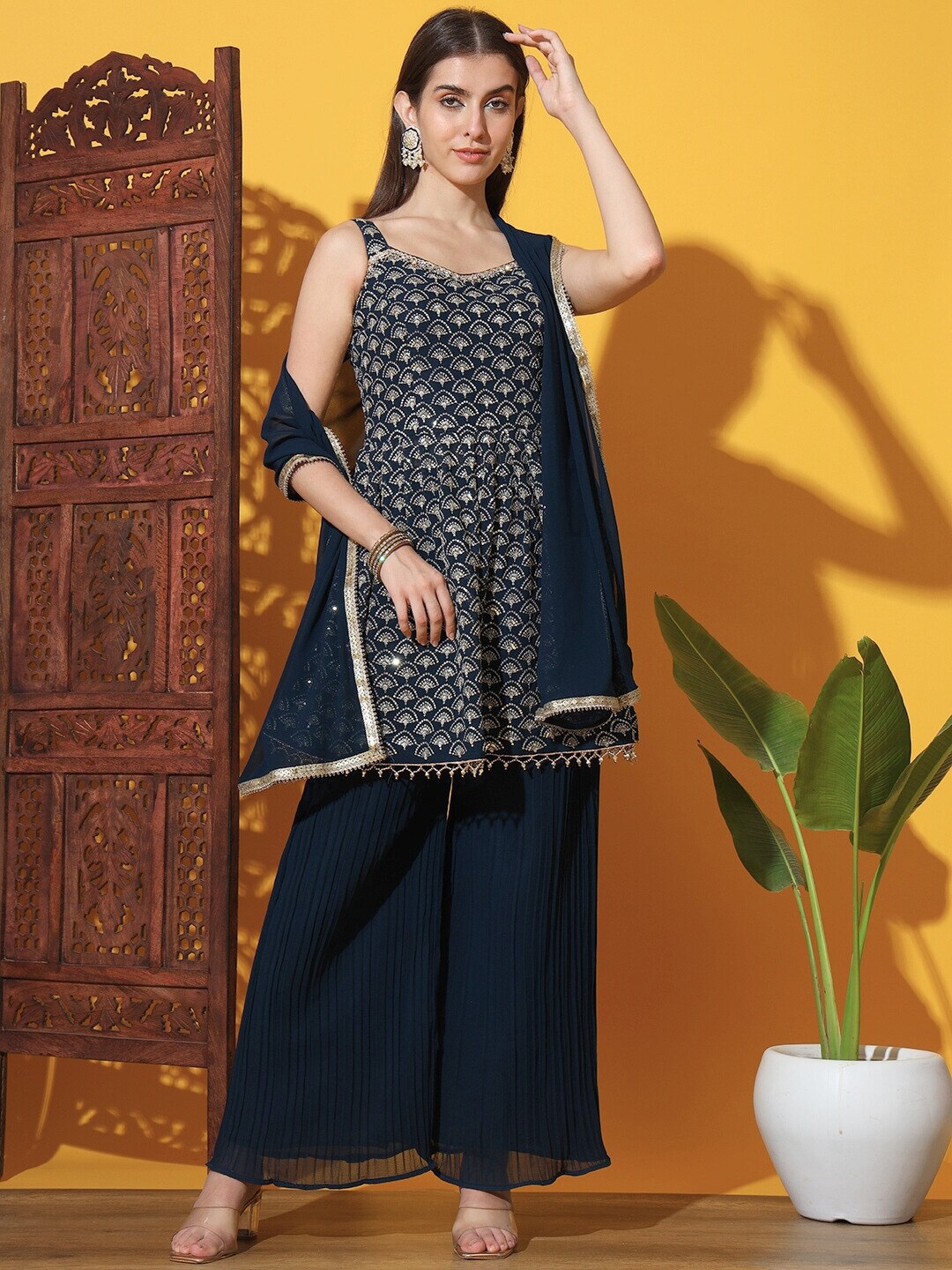 Chhabra 555 Navy Blue Ethnic Motifs Embroidered A-Line Kurta & Palazzos With Dupatta
Chhabra 555 Navy Blue Ethnic Motifs Embroidered A-Line Kurta & Palazzos With Dupatta