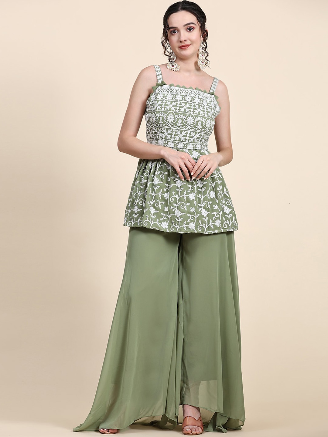 BLACK SCISSOR Ethnic Motifs Embroidered Chikankari Kurta With Palazzos & Koti, Green
BLACK SCISSOR Ethnic Motifs Embroidered Chikankari Kurta With Palazzos & Koti, Green