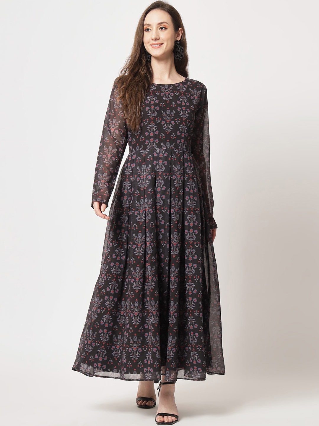 BLACK SCISSOR Ethnic Motifs Printed Georgette Maxi Ethnic Dress