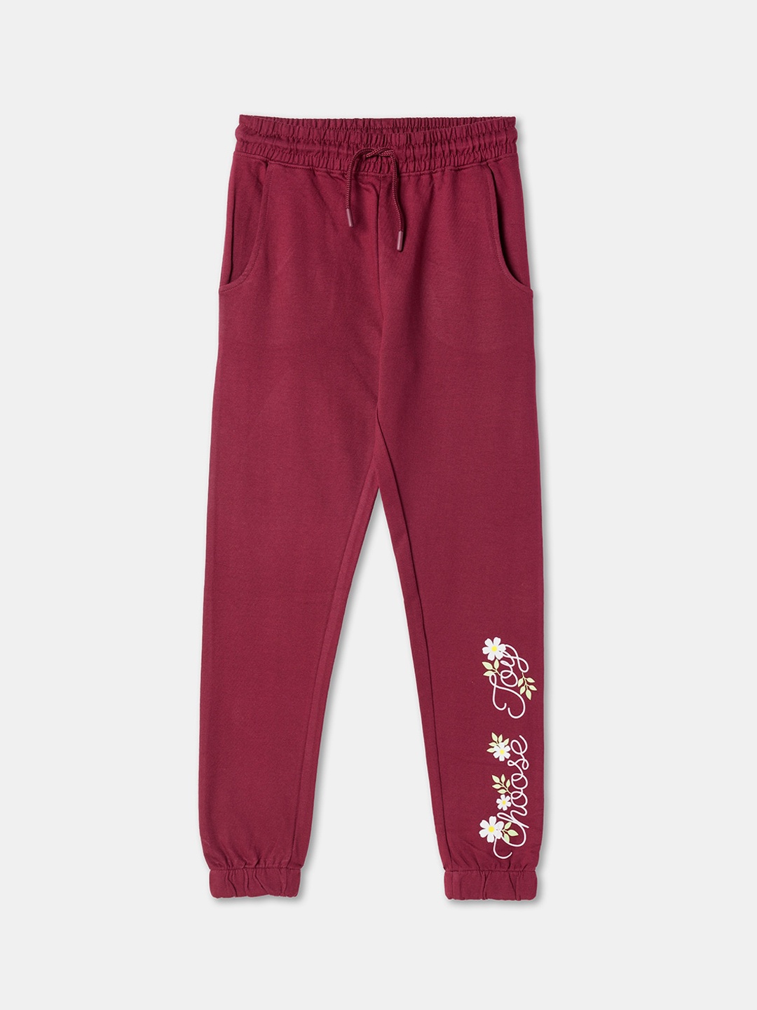 R&B Girls Printed Mid Rise Regular Fit Cotton Track Pants, Red