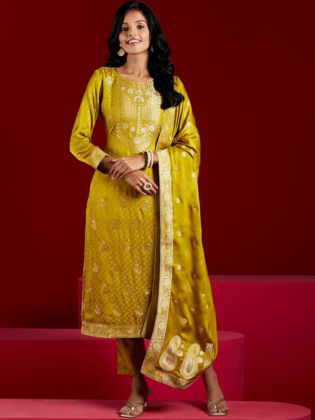 Libas Art Ethnic Motifs Woven Design Zari Pure Silk Kurta With Trousers & Dupatta, Lime green
Libas Art Ethnic Motifs Woven Design Zari Pure Silk Kurta With Trousers & Dupatta, Lime green