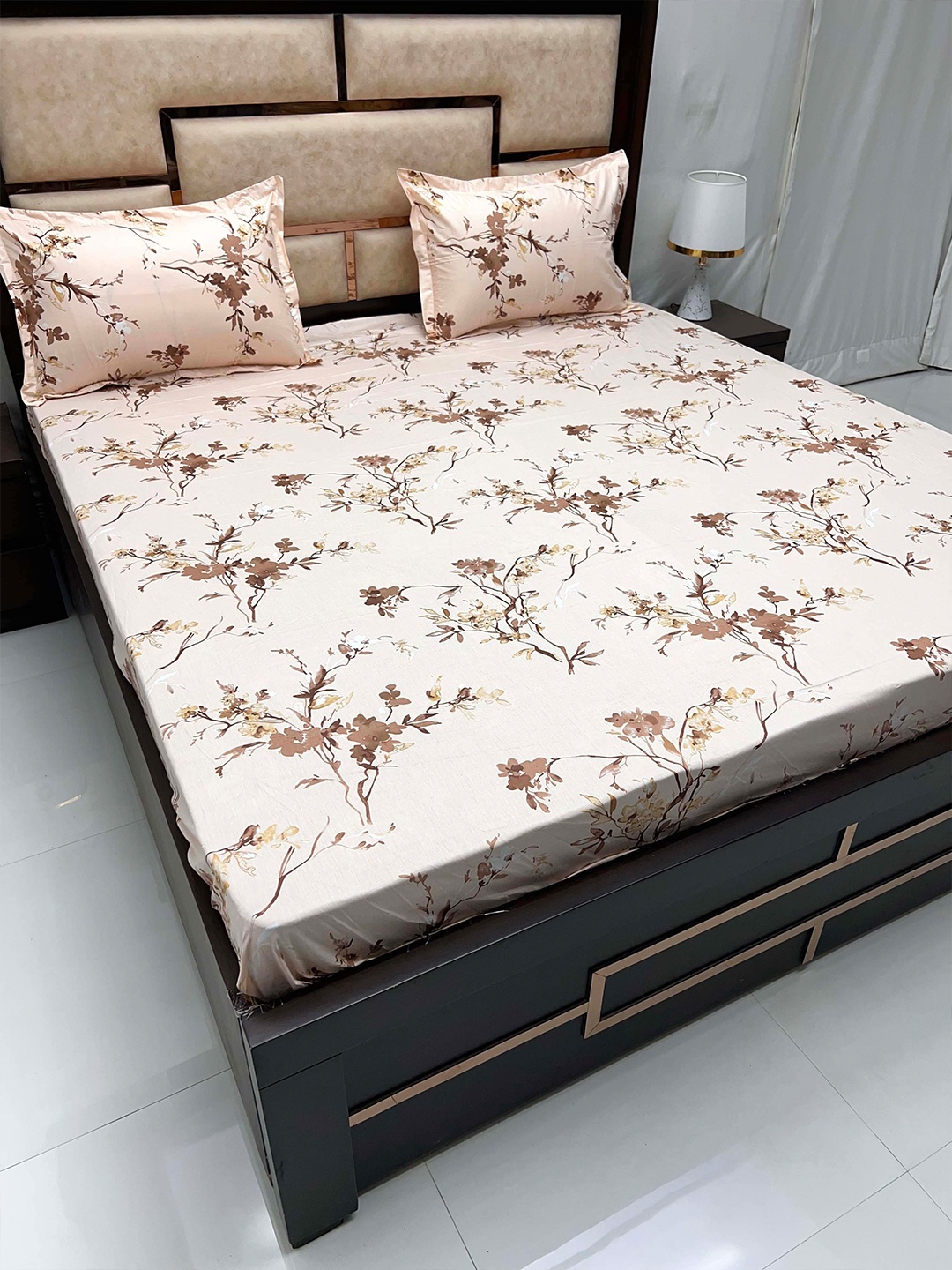 Pure Decor Peach-Coloured & Brown Floral Cotton 300 TC King Bedsheet With 2 Pillow Covers
Pure Decor Peach-Coloured & Brown Floral Cotton 300 TC King Bedsheet With 2 Pillow Covers
