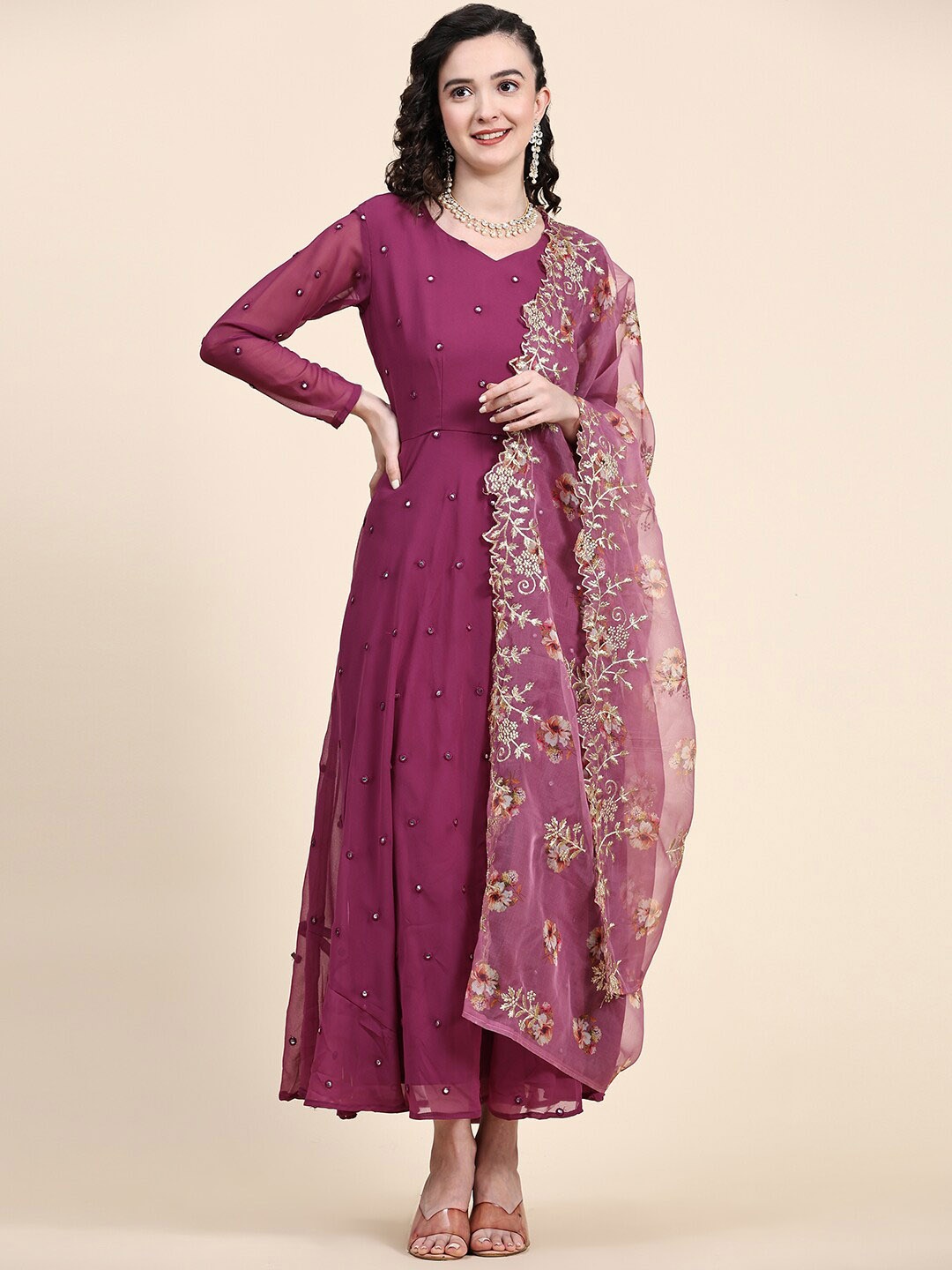 BLACK SCISSOR Mirror Work Embellished Georgette Maxi Ethnic Dress With Dupatta, Purple