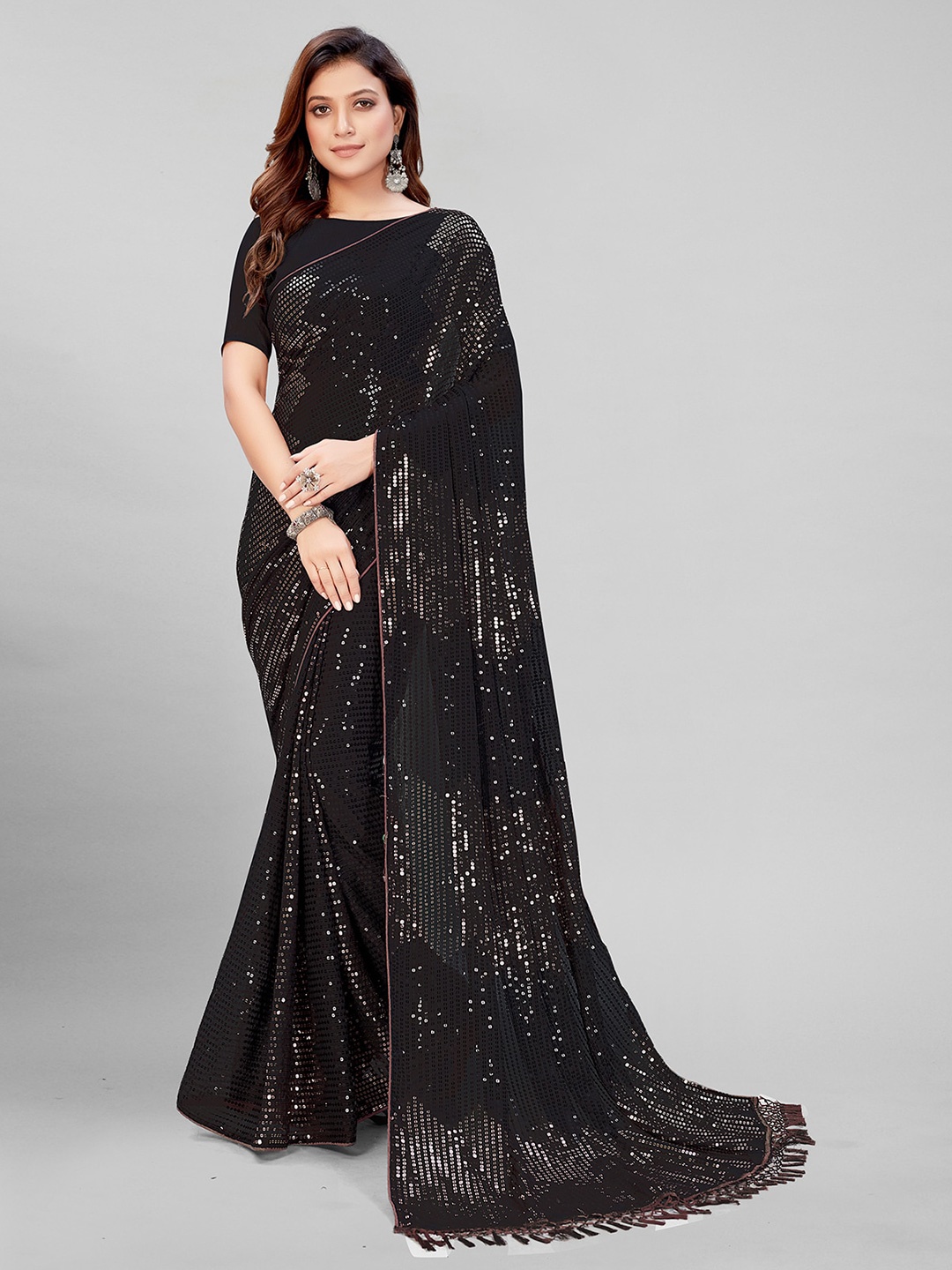 KALINI Embellished Sequinned Pure Georgette Saree, Black