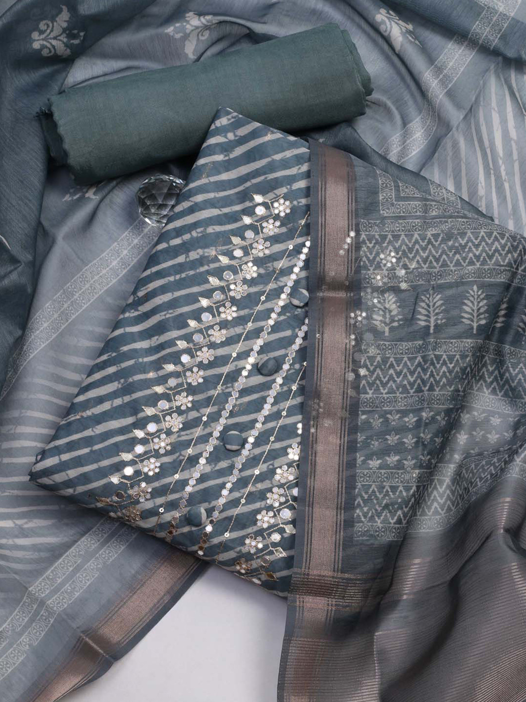 Meena Bazaar Leheriya Printed Mirror Work Unstitched Dress Material, Grey
Meena Bazaar Leheriya Printed Mirror Work Unstitched Dress Material, Grey