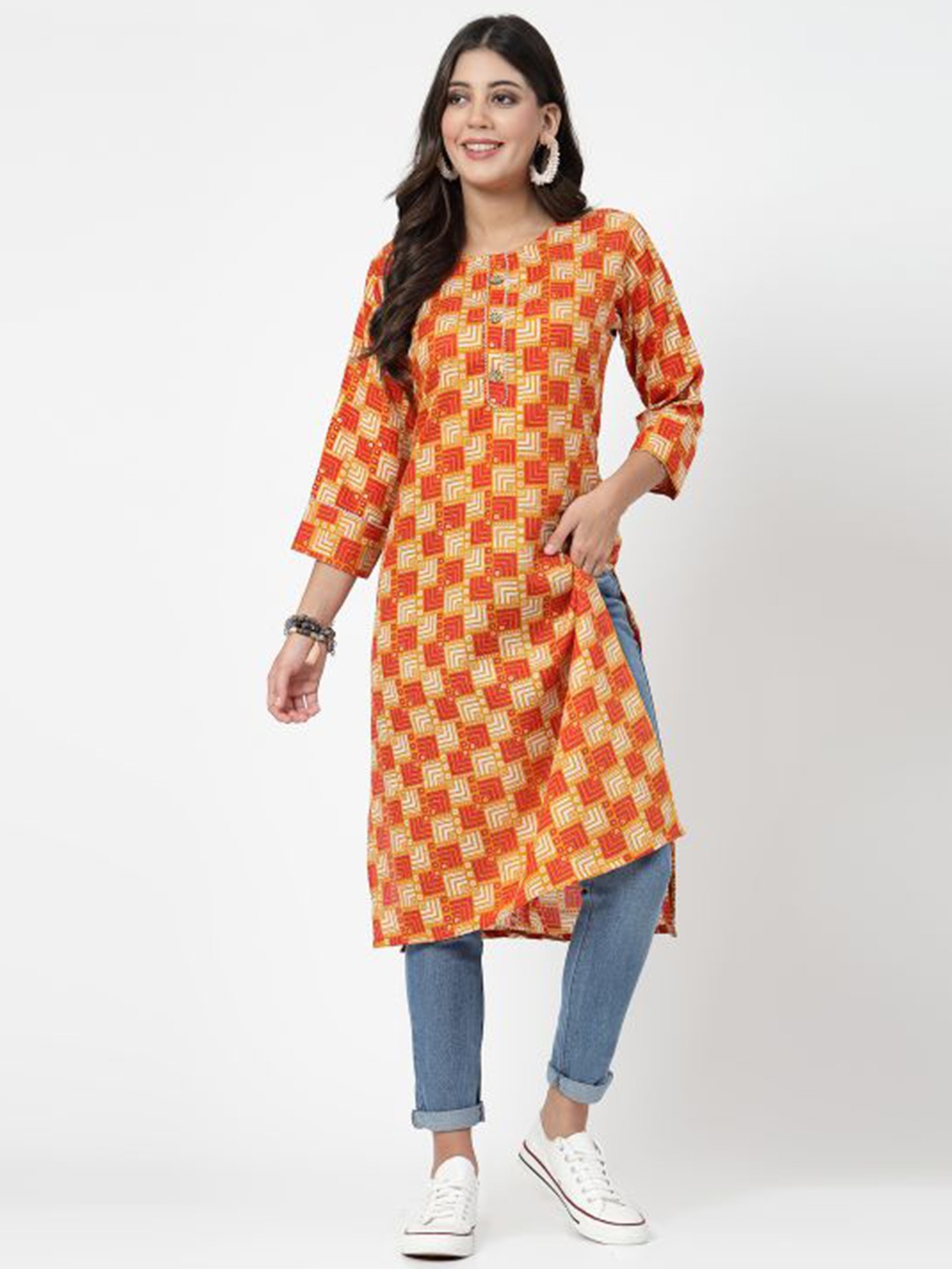 KALINI Geometric Printed Pure Cotton Kurta, Orange