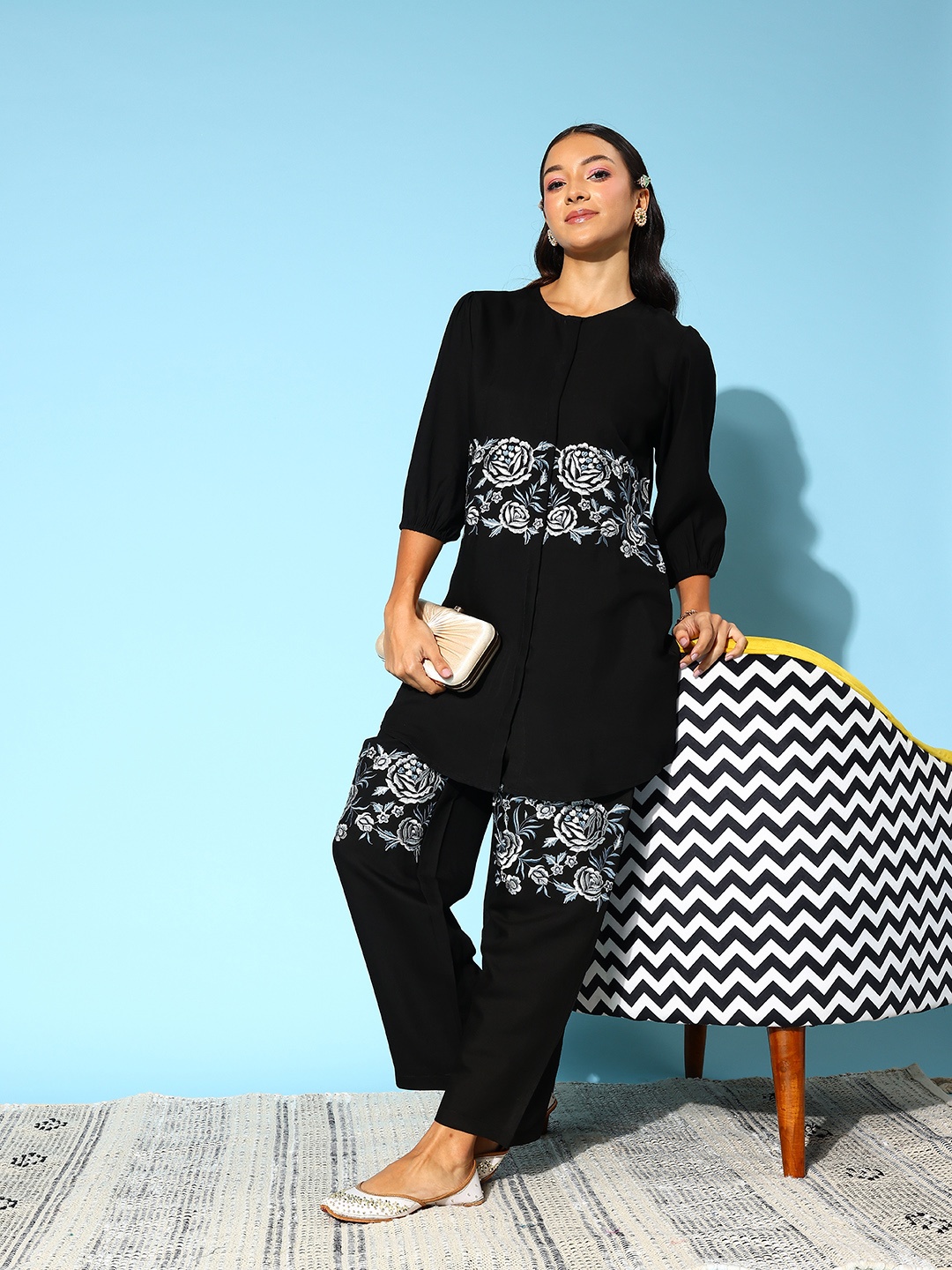 Indo Era Women Embroidered Co-Ords Set, Black